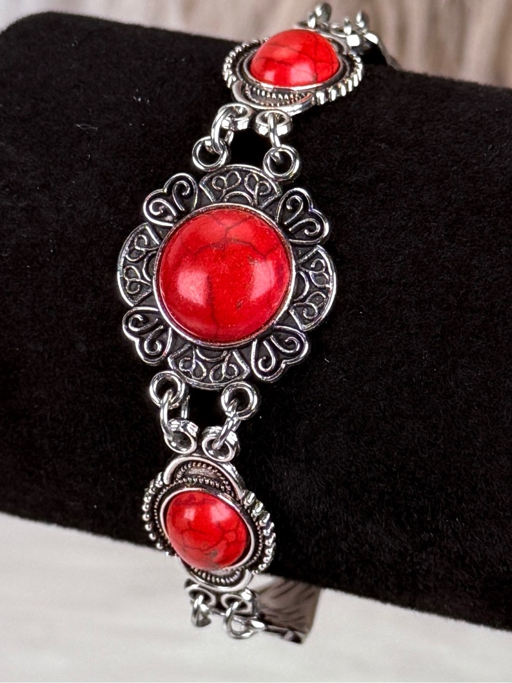 Silver Tone Red Cabochon Southwestern Style Link Bracelet Adjustable